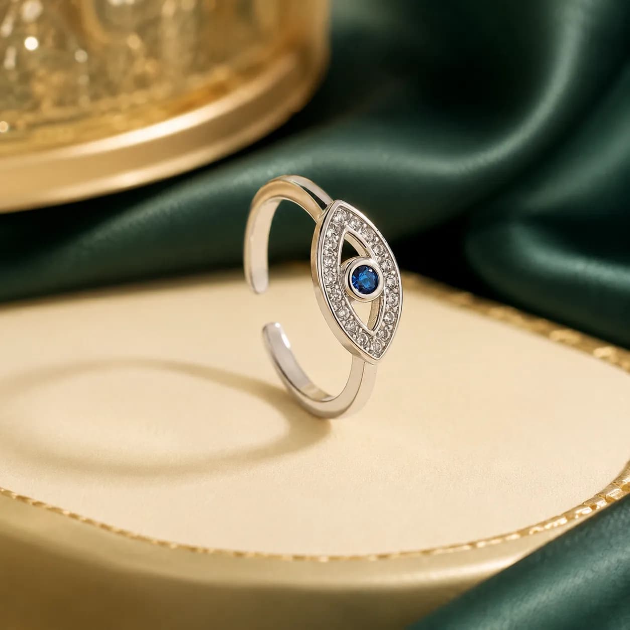 Niyanara Silver Plated Contemporary Evil Eye Adjustable Ring